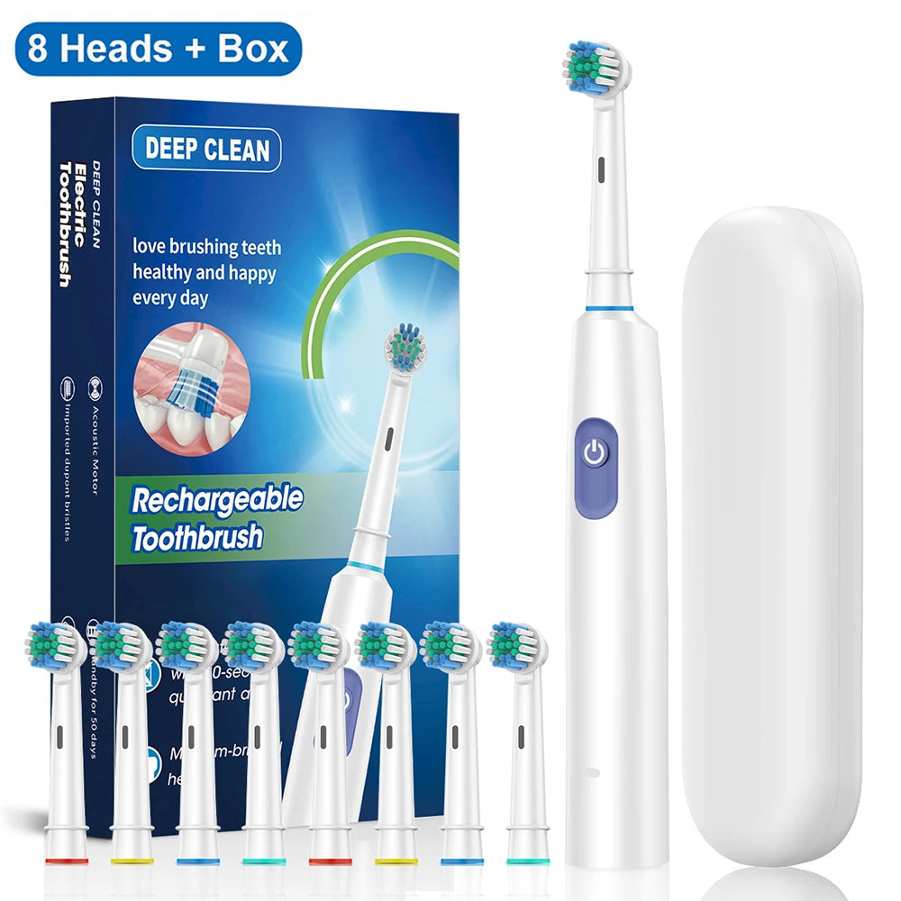 Electric Rotary Toothbrush – Rechargeable with 8 Soft Brush Heads