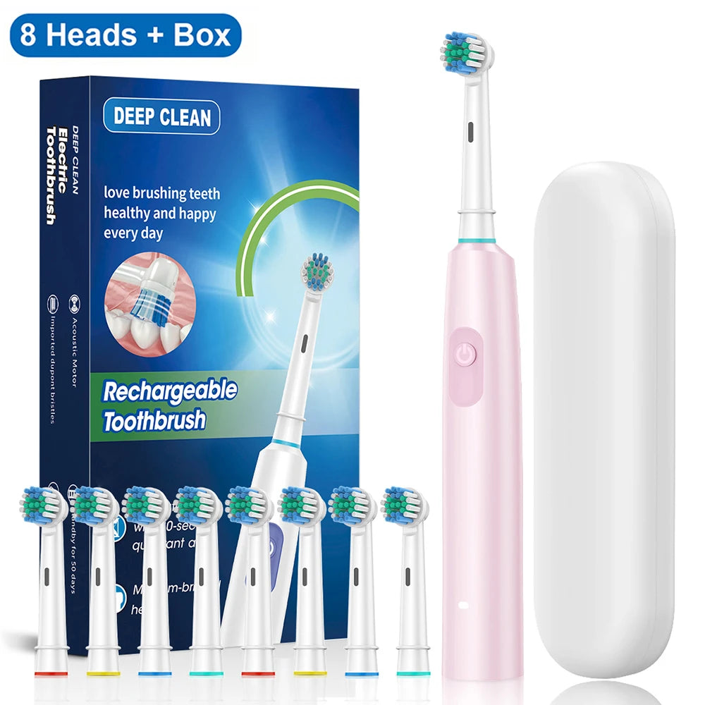 Electric Rotary Toothbrush – Rechargeable with 8 Soft Brush Heads