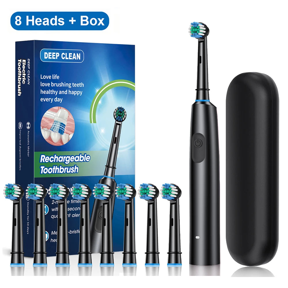 Electric Rotary Toothbrush – Rechargeable with 8 Soft Brush Heads