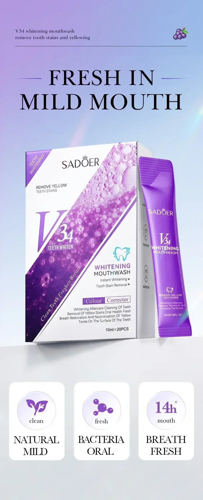 V34 Whitening Mouthwash – Travel-Friendly 20-Pack