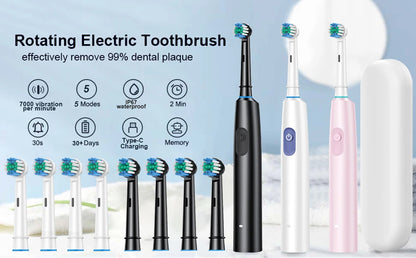 Electric Rotary Toothbrush – Rechargeable with 8 Soft Brush Heads