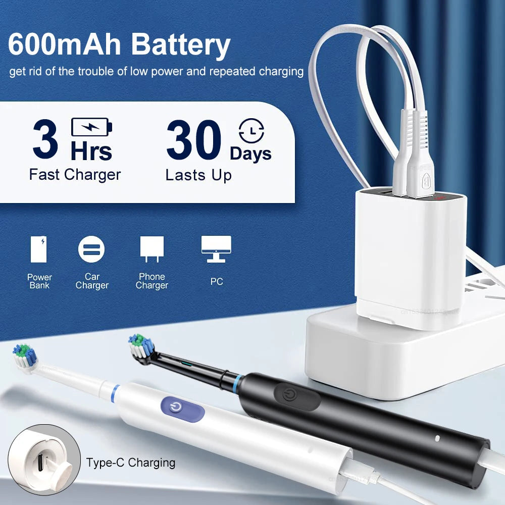 Electric Rotary Toothbrush – Rechargeable with 8 Soft Brush Heads