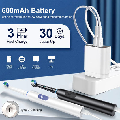Electric Rotary Toothbrush – Rechargeable with 8 Soft Brush Heads