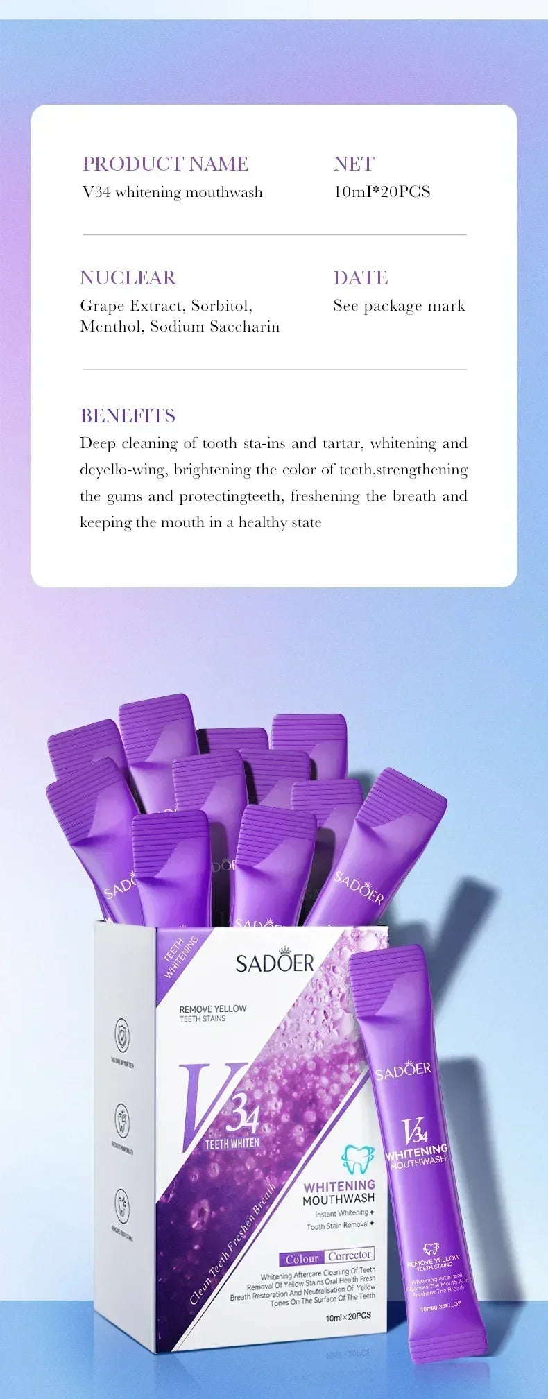 V34 Whitening Mouthwash – Travel-Friendly 20-Pack
